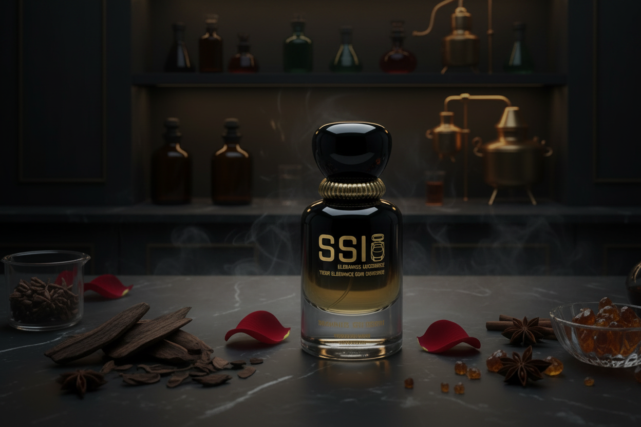 change this luxury dark black perfume lab or store where you can create new scent 
